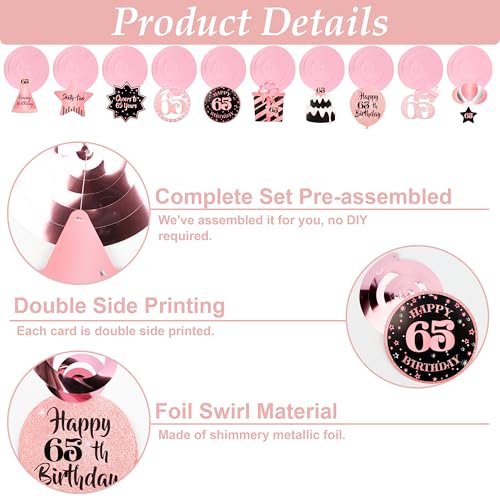 Image of 65th Birthday Decorations for Women Rose Gold Pink Pre Strung Happy 65th Birthday Banner and Hanging Swirls 65 Year Old Party Decorations Supplies