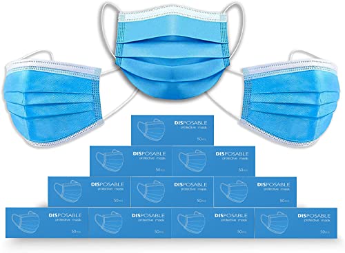 Image of Fusion Vibes 100 Pack Disposable Face Masks 3 Ply | Blue Breathable Protective Masks | Elastic Ear Loop Nose & Mouth Covering | Adults & Kids | Home Office School | UK Seller (500)