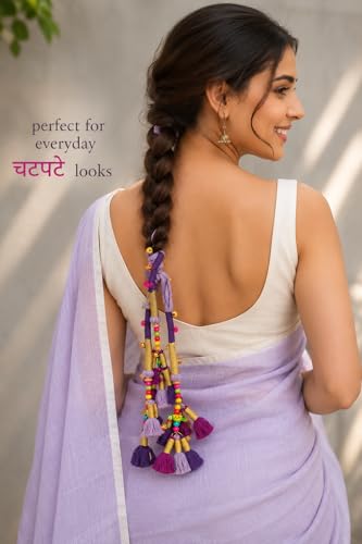 Image of Zippy Flora Handmade Kalee Boho Cotton Parandi | Traditional Hair Accessory with Tassles & Ghoonghru | Hair Extension|Choti |Women's Patiala Shahi Paranda | Kalee Parandi (Purple) | 22 Inches Length