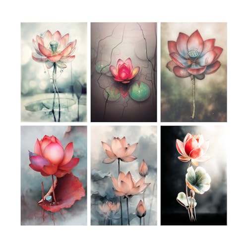 Image of SiddArtify Lotus Flower Wall Art Prints Set - Watercolor Floral Poster Decor for Living Room Bedroom Office - Set of 2-4x6 Inch - Board (Pack of 6) - Sticker (Pack of 6)