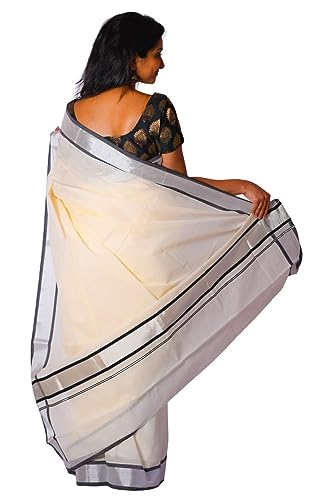 Image of Women's Kerala Traditional Cotton Kasavu Saree with Running Blouse | Sari for Weddings, Festivals, Temple Visits, Onam Vishu & Regular Wear