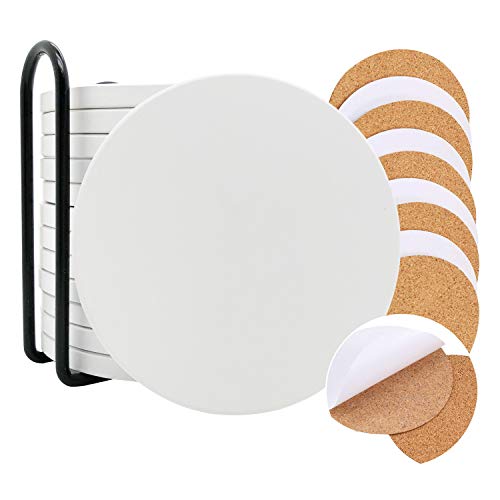 Unglazed Ceramic Tiles for Crafts: 12PCS Un-Glazed White Tiles with Cork Backing Pads, Use with Alcohol Ink or Acrylic Pouring Make Your Own DIY Coasters(Round)