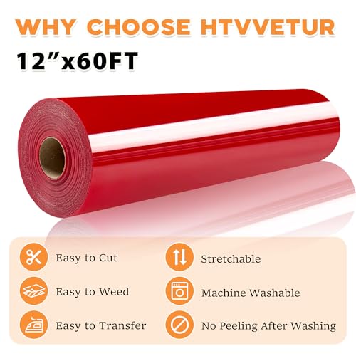 Image of HTVVETUR Iron on Vinyl 12Inch by 60ft Heat Transfer Vinyl for T-Shirt HTV Rolls for All Cutter Machine - Easy to Cut & Weed (Red-60ft)