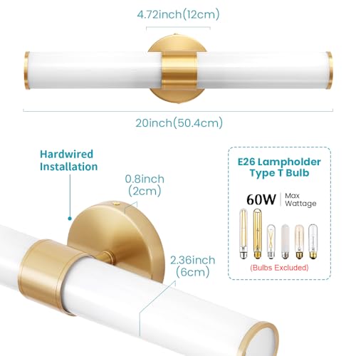 Image of Gold Bathroom Light Fixtures, Vanity Lights for Mirror with Milk Glass Shade, 20 Inch Up and Down Wall Sconces for Bathroom Bedroom Living Room Hallway - Bulb Not Included