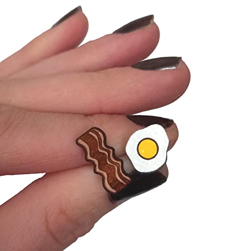 Bacon Strip & Fried Egg Mismatch Wood Stud Earrings Pair, Breakfast Brunch Foodie Diner Funny Mismatched Jewelry #TOP2