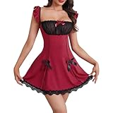 Generisch Kleider Damen rückenfreies Unterkleid aus Spitze mit Schleife für Damen Overall (Red, M)