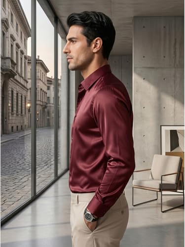 Image of DEELMO Men's Stylish Solid Satin Casual Shirt for Men Full Sleeves| Poly Satin Silk Shirt