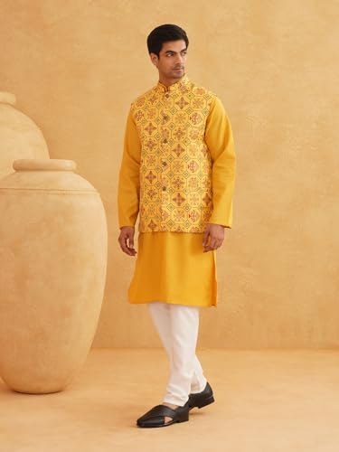 Image of SOJANYA (Since 1958 Men's Cotton Blend Kurta & White Churidar Pyjama with Nehrujacket