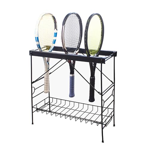 Estante negro para raquetas de tenis y bádminton con dos baldas de almacenamiento