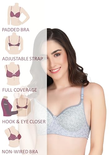 Image of Women Printed Padded Bra - Made of Pure Cotton Full Coverage Non Wired Seamless Pushup Soft Cup for T-Shirt Saree Dress and for Everyday