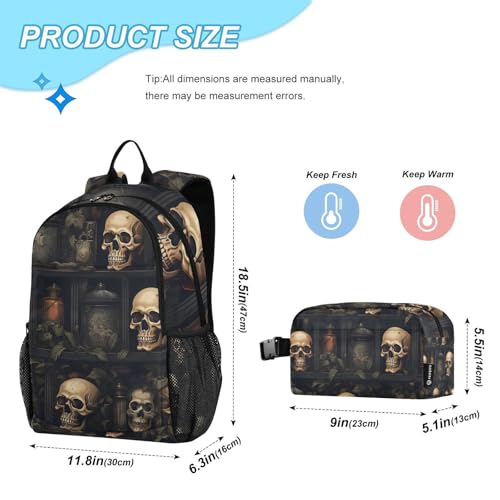 Skull Leaves Backpack Lunch Bag Set for Travel Hiking Picnic, Backpacks with Insulated Lunch Box2
