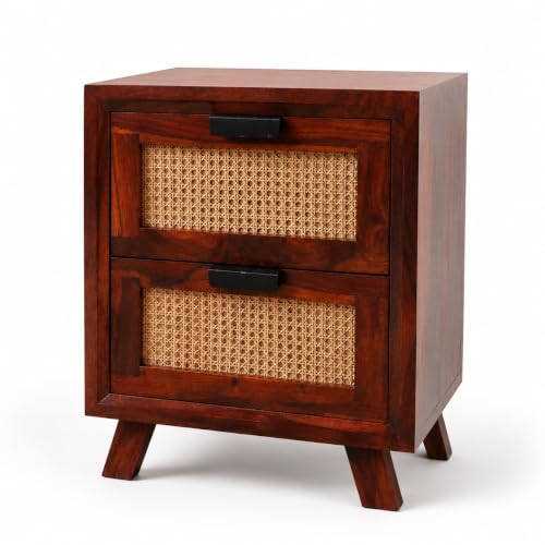 Image of Space Galaxy Sheesham Wood Bedside Table for Bedroom | Handmade Pure Wooden Bed Side Nightstand Sofa Side End Table with 2 Drawers Storage for Home & Bed Room | Cane & Rosewood | Honey Finish