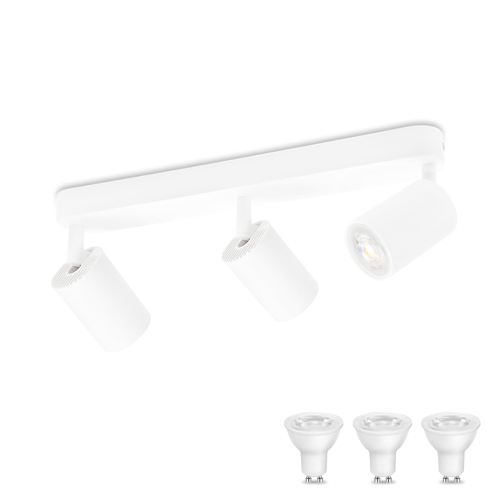 KYOTECH Lámpara de techo blanca con 3 focos Lámpara de techo LED de 5W orientable y giratoria incluida bombilla GU10 3000K 420LM Focos de techo para cocina, dormitorio, sala de estar