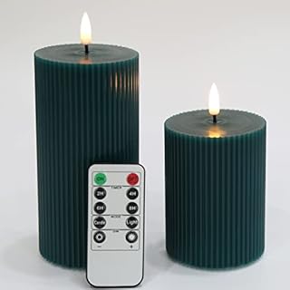 Eywamage Dark Blue Green Flameless Pillar Candles with Remote, Flickering Real Wax LED Battery Candles Φ 3" H 4" 6"