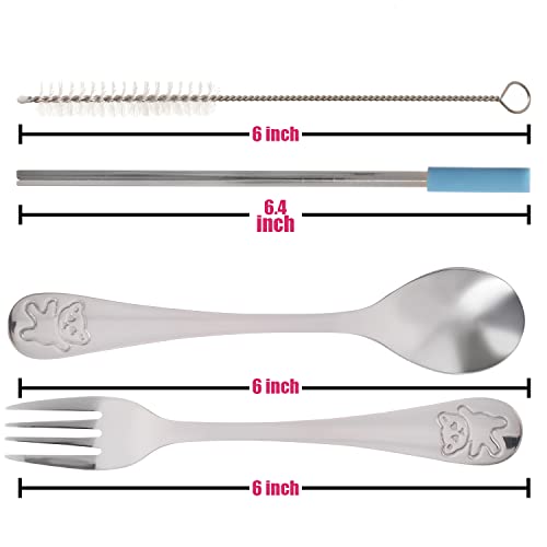 15 Pieces Toddler Kids Utensils Kids Silverware Set Stainless Steel, Safe Baby Utensils 3 Toddler Forks 3 Toddler Spoons 4 Reusable Metal Straws 4 Silicone Tips And Brush, Kid Utensils Flatware #TOP5