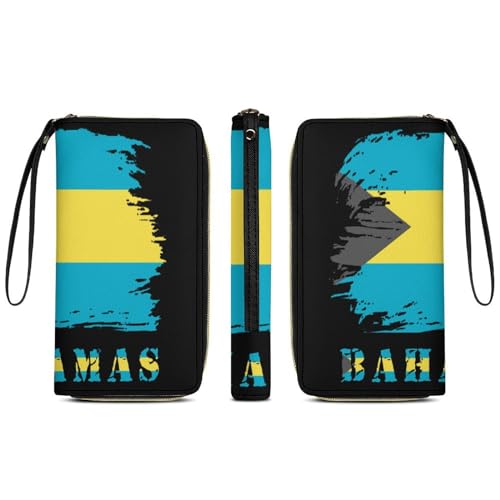 generic Vintage Bahamas Bahamian Flag Leather Wallet for Womens Men, Patriotic Flag PU Zip Wallet with String Around Long Large Purse Coin Card Holder Ladies Billfold, 19.7x10.5cm3