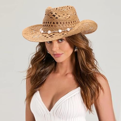Image of DRESHOW Straw Cowboy Cowgirl Hat for Women Men Western Coastal Cowboy Beach Hat with Shapeable Brim Unisex Rolled up Caps