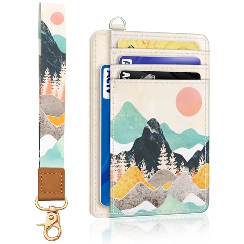 Sunrise Mountain Credit Card Holder Slim Wallet, RFID Wallet Women Front Pocket Wristlet Lanyard, Small Card Holder Travel Funny Cute Thin Card Case ID Window PU Leather Card Organizer Gifts
