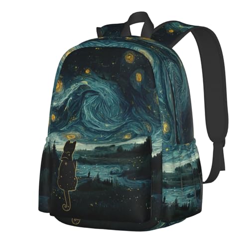 DEKIFNHG Mochila escolar fofa para gatos, casual, esportiva, viagem, laptop, para estudantes, meninos e meninas, Gato preto noite estrelada, One Size, Clássico