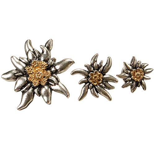 Alpenflüstern Bavarian Label Pin Edelweiss 3 size set, pin badges for bavarian german Hat, Dirndl, Leather trouser, Oktoberfest (bicolor colors)