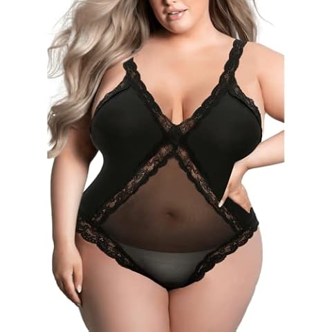 EVELUST Women Plus Size Teddy Lingerie Floral Lace Sheer Bodysuit Sexy V Neck Mesh Underwear One Piece Open Back Outfit(Black,XL,939w) Cover