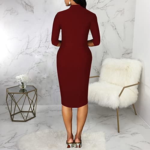 Perzeal Church Dresses For Women 3/4 Sleeve Tie Neck Bodycon Work Pencil Midi Dress(Burgundy Xx-Large) #TOP5