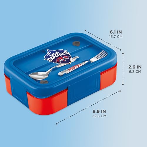 Image of Milton Sports Ethan 2|Delhi Capitals Official Drinkware Partner|Inner SS Tiffin Box, 2 Partition,Steam Release Plug|PU Insulated,Leak-Proof|Lunch Box for Kids,Boys,Girls with Snap Lock Lid|650 ml, Red