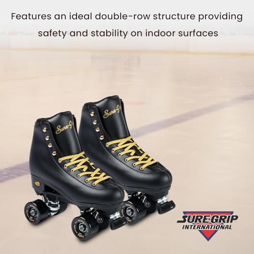 Sure-Grip Fame Black & Gold Unisex Indoor Roller Skates - Vegan Boot with Microfiber Lining - Offers Rock Nylon Plate & Aluminum Trucks - Matching 57mm Fame Black Indoor Wheels - Ideal for Beginners