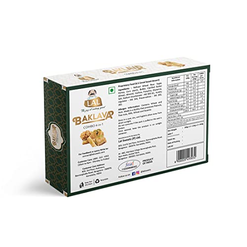Image of Lal Sweets Baklava (4-in-1) Assorted Baklawa 650g with Rakhi | Turkish Baklav Sweet Gift for Rakshabandhan | Includes Finger, Square, Pyramid & Rose Baklava Inside | Serves in 26 Pcs