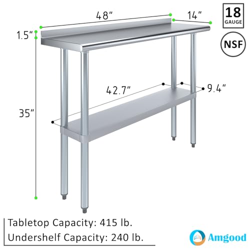 Image of AmGood Stainless Steel Work Table with 1.5 inch Backsplash | Metal Kitchen Food Prep Table | NSF (48 inch Long x 14 inch Deep)