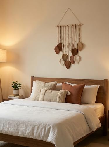 Image of JH Gallery Macrame Leaf Hanging, Boho Tapestry with Wooden Beads for Bedroom, Living Room, Balcony and Home Decor, Boho Chic Accent for Office Decor(Brown & White)