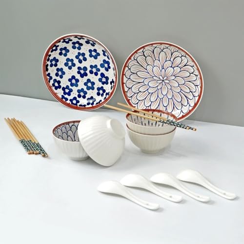 Amazon Brand - Solimo Ceramic Bowl with Plate & Spoon & Chopstick Set, Set of 14 pcs set (Bowl H 4B+4S+4C+2P) | Microwave & Dishwasher Safe| Bowls for