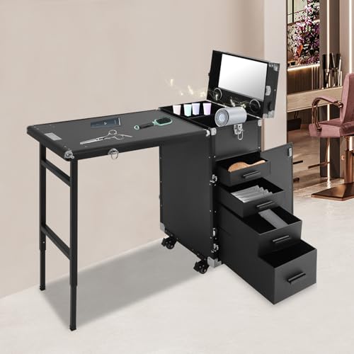 OUBUBY Maletín de maquillaje con ruedas 2 en 1 con ruedas y 4 cajones de aluminio, multifuncional, Negro , Maletín cosmético 2 en 1 - imagen 3