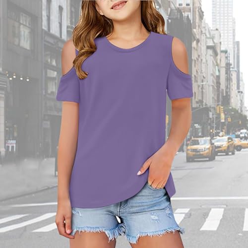 Girls Short Sleeve Shirts Cute Crew Neck Cold Shoulder Tee Top 5-14 Years3