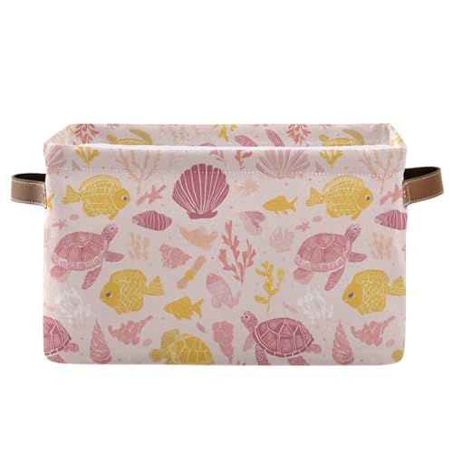 Image of Aslsiy Storage Basket Ocean Life Turtle Nursery Bins Pink Fish Seashell Baby Box Canvas Clothes Shelf Basket Laundry Hamper 1 Pcs