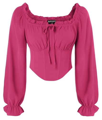 SCARLET DARKNESS Women Pirate Shirt Smocked Crop Tops Long Sleeve Corset Vintage Victorian Blouses for Party Cosplay Bright Pink M