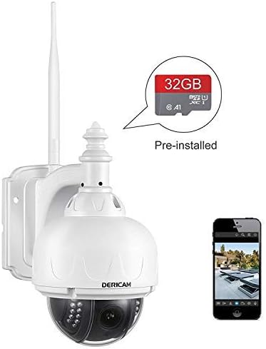 Dericam Outdoor Wireless Security Camera, PTZ Camera, 4X Optical Zoom, Auto-Focus, 1.3 Megapixel, Pre-Installed 32GB Memory Card, S1-32G2, White.