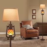 LEDIARY LED Flashing Flame Night Lantern Farmhouse Floor Lamp for Living Room, Rustic Bronze Standing Lamp with Beige Linen Drum Lampshade, Lantern Floor Lamps for Bedroom Home Decor（Bronze Brown）
