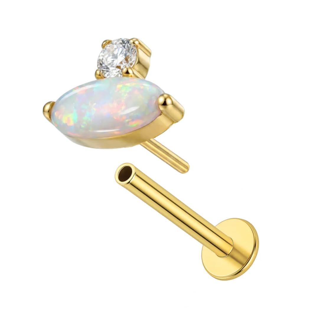 G23 Titan gewindelose flache Rückseite Ohrstecker für Frauen - ovaler Opal & Zirkonia CZ Knorpel Tragus Helix Labret Piercing Schmuck, hypoallergen, Sterlingsilber plattiert Push-In Körperschmuck