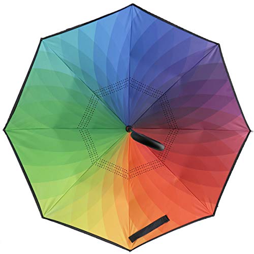 Image of MRTLLOA Double Layer Inverted Umbrella with C-Shaped Handle, Anti-UV Waterproof Windproof Straight Umbrella for Car Rain Outdoor Use (N-Rainbow)