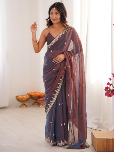 Image of AKHILAM Women's Shimmer Chiffon Sequence Embroidery Saree With Unstitched Blouse Piece(AARYAN21601 KR Parent)