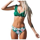 🏖️【Estilo】Top de bikini con cuello en V profundo con volantes sexy, traje de bikini con estampado floral, resalta perfectamente tu curva sexy