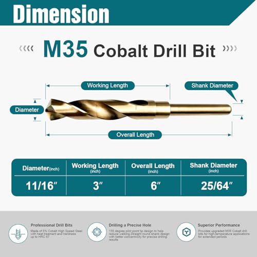11/16 Inch Cobalt Drill Bit, M35 HSS Twist Drill Bit, 135° Split Point by Satcrft - Used condition - Image 2