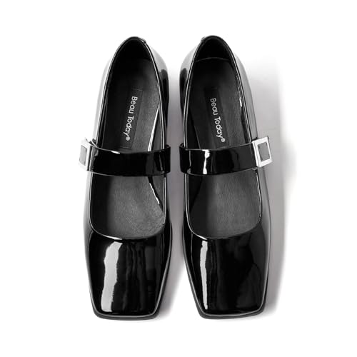 BEAU TODAY Mary Jane Flats for Women, Patent Leather Ballet Flats Shoes, Square Toe Comfortable Business Casual Buckle Non-Slip Ladies Dress Shoes