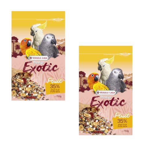 Versele-Laga Prestige Exotic Parrots Fruit | Pack Double | 2 x 750 g | Aliment complémentaire pour perroquets | À Base de graines, céréales et Fruits | Contient Papaye, Banane, Ananas et abricots