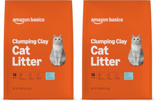 Amazon Basics Clumping Cat Litter, Unscented, Hard Clumping Formula - 14 lb Bag (Pack of 2)