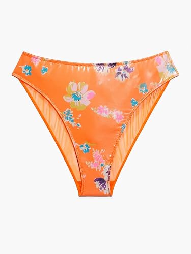 Savage X Fenty, Women's, Night Blooms High-Leg Bikini, Soft Jersey, Floral Printed High Shine Wet Look Jersey, Orange Crème Bedtime Bouquet Print, L #TOP4