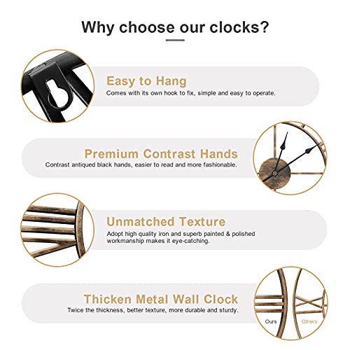 Wgwart 20" Large Roman Numeral Wall Clock, Silent Non Ticking Battery Operated Quartz Round Big Metal Wall Clock For Home Decorative/Loft/Living Room Decor/Farmhouse - Antique Gold #TOP3