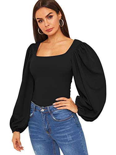 ROMWE Women's Long Puff Sleeve Square Neck Slim Fit Crop Tops Blouse Sweatshirt Black Medium - Image 4