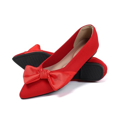 Semwiss Pointed Toe Ballet Flats for Women Slip On Comfortable Flats with Bow Dressy Casual Work Shoes Red 7.5